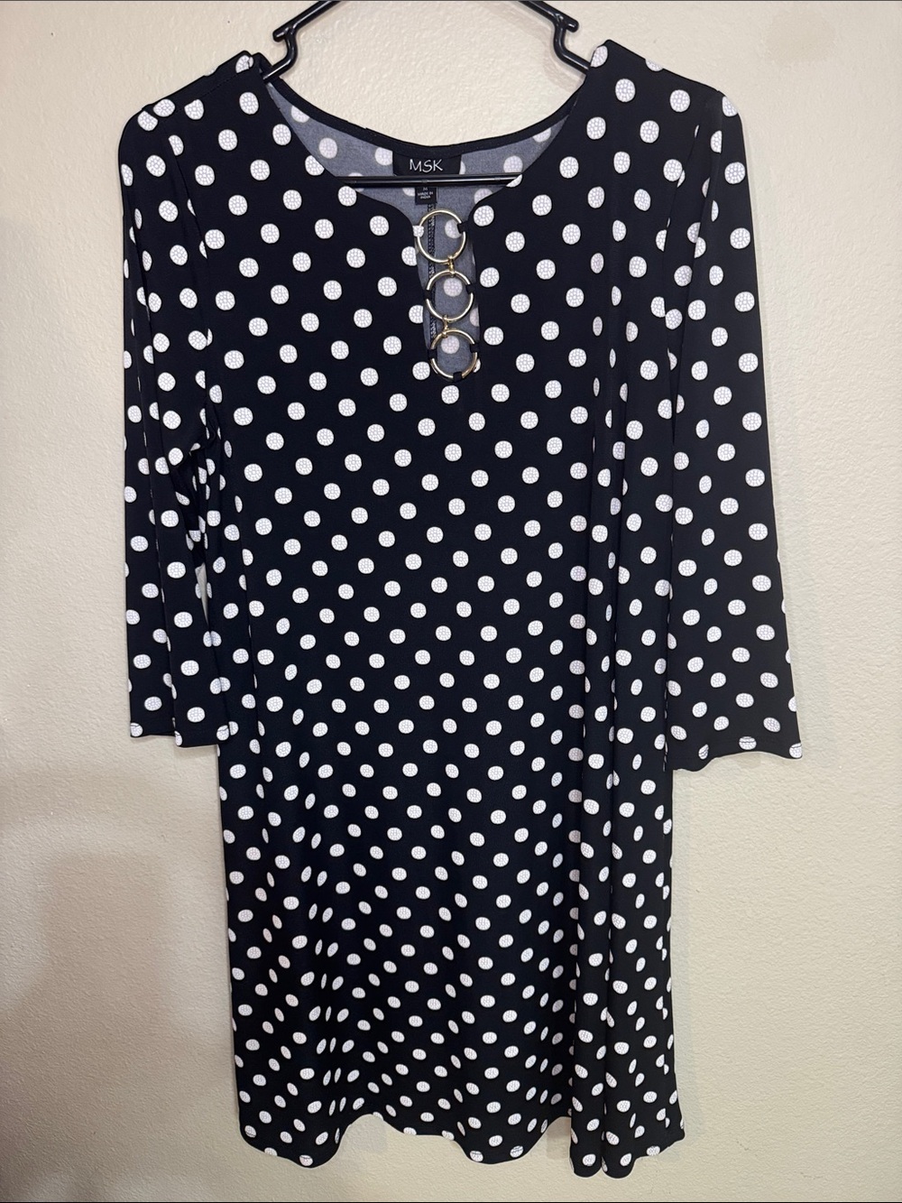 MSK Black and White Polka Dot Long Sleeve Dress with Ring Neck Detail